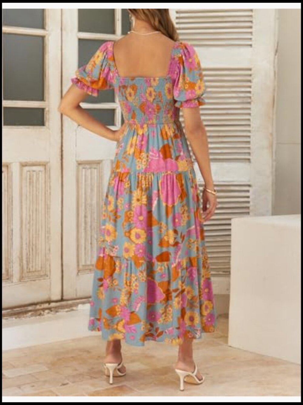 Boho Floral Print Maxi Dress with Square Neck and Ruffle Sleeves - Picture 6 of 7